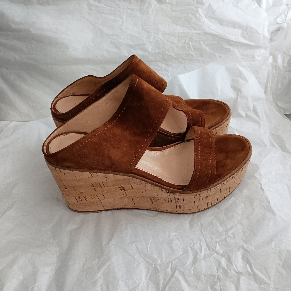 Gianvito Rossi Double Band Suede Cork Sandal Wedges 37